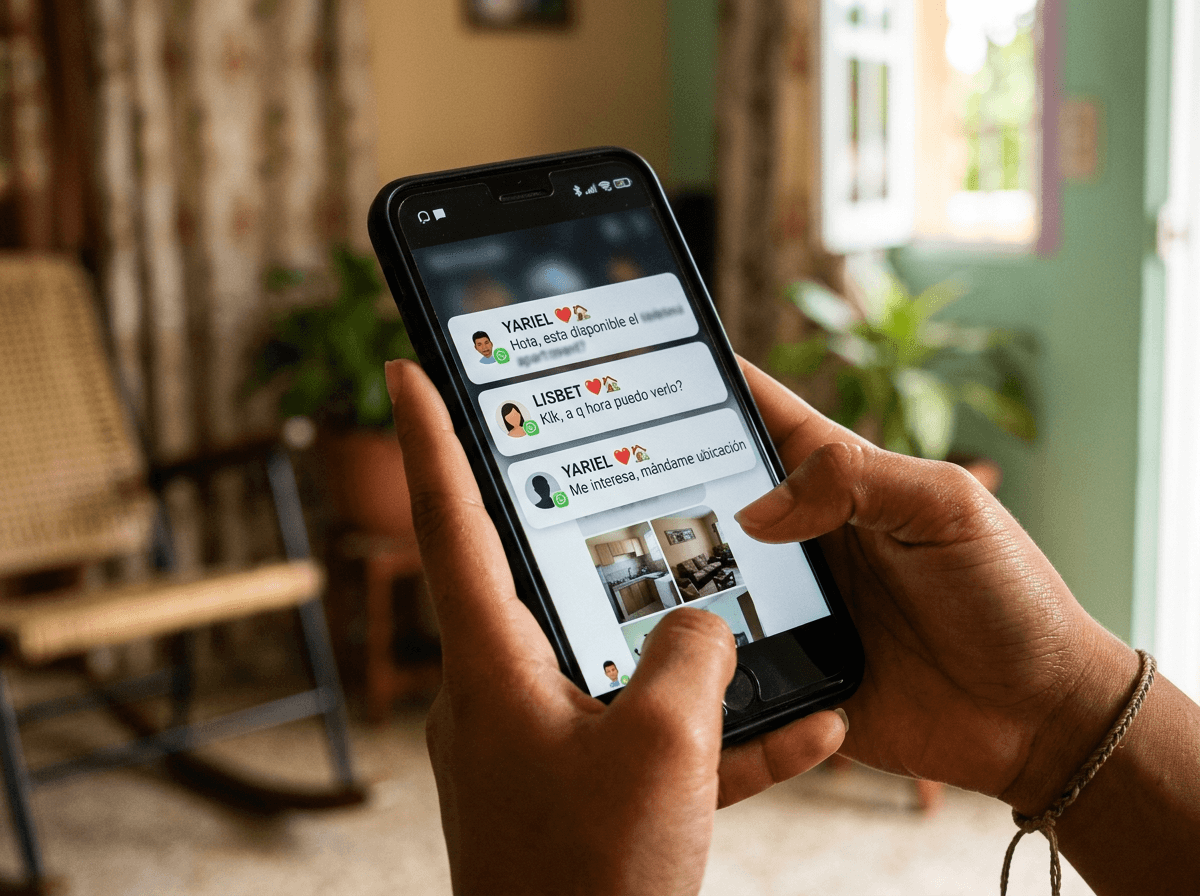 Teléfono móvil mostrando múltiples mensajes de diferentes contactos respondiendo sobre el mismo apartamento en República Dominicana