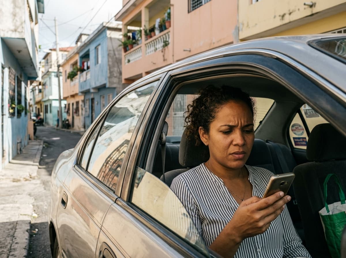 Compradora dominicana verificando ubicación real de propiedad desde su vehículo, mostrando confusión al encontrar diferencias entre la ubicación anunciada online y la realidad