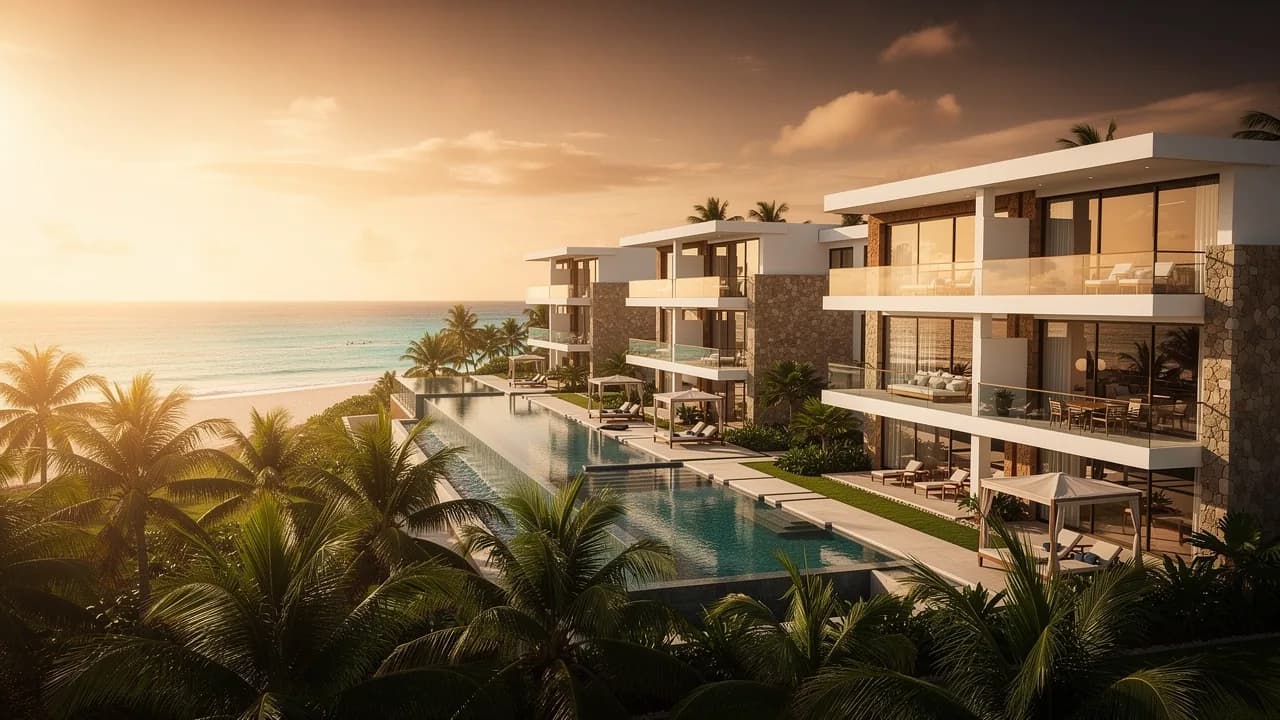 Ley CONFOTUR - Resort tropical moderno en República Dominicana al atardecer con vista al océano
