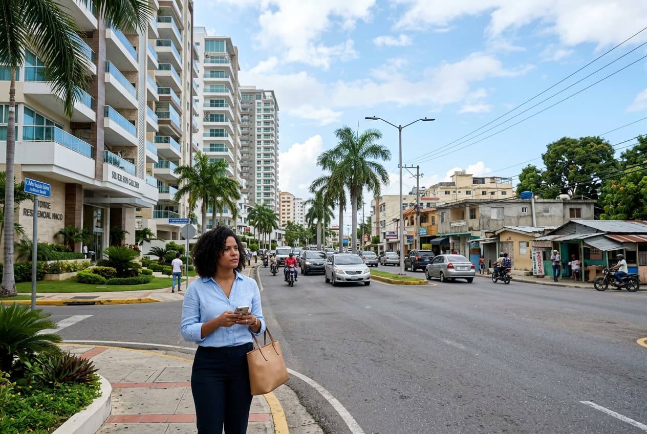 Mujer dominicana comparando ubicaciones de propiedades en diferentes sectores residenciales de Santo Domingo, mostrando la diferencia entre zonas premium y áreas limítrofes