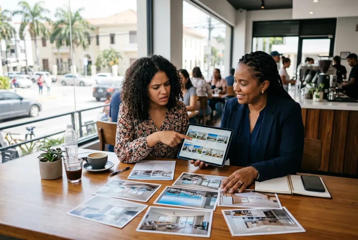 Mujer dominicana revisando múltiples listados de la misma propiedad con diferentes precios en Santo Domingo