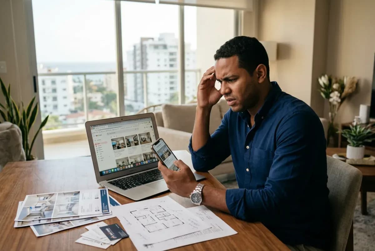 Joven dominicano comparando múltiples anuncios de propiedades inmobiliarias en su teléfono y laptop, mostrando confusión al encontrar la misma propiedad repetida