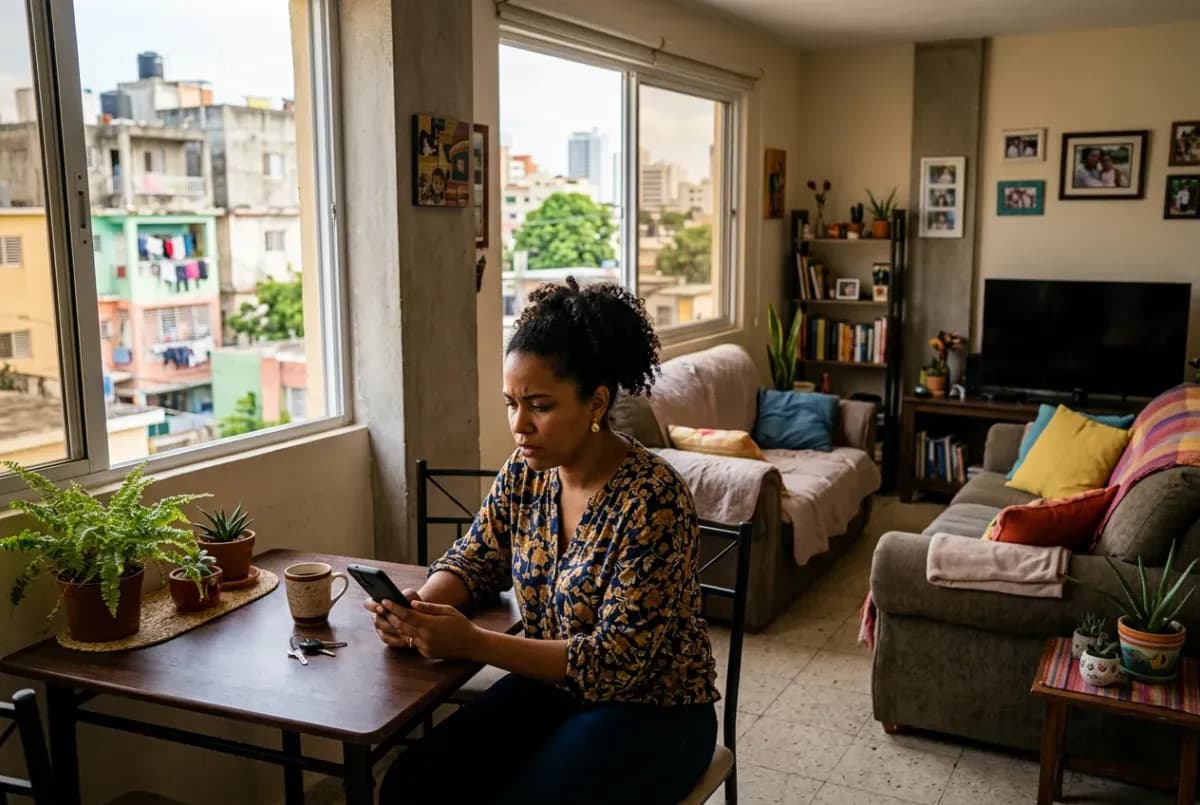 Mujer dominicana buscando apartamento en su teléfono desde su sala de estar en Santo Domingo