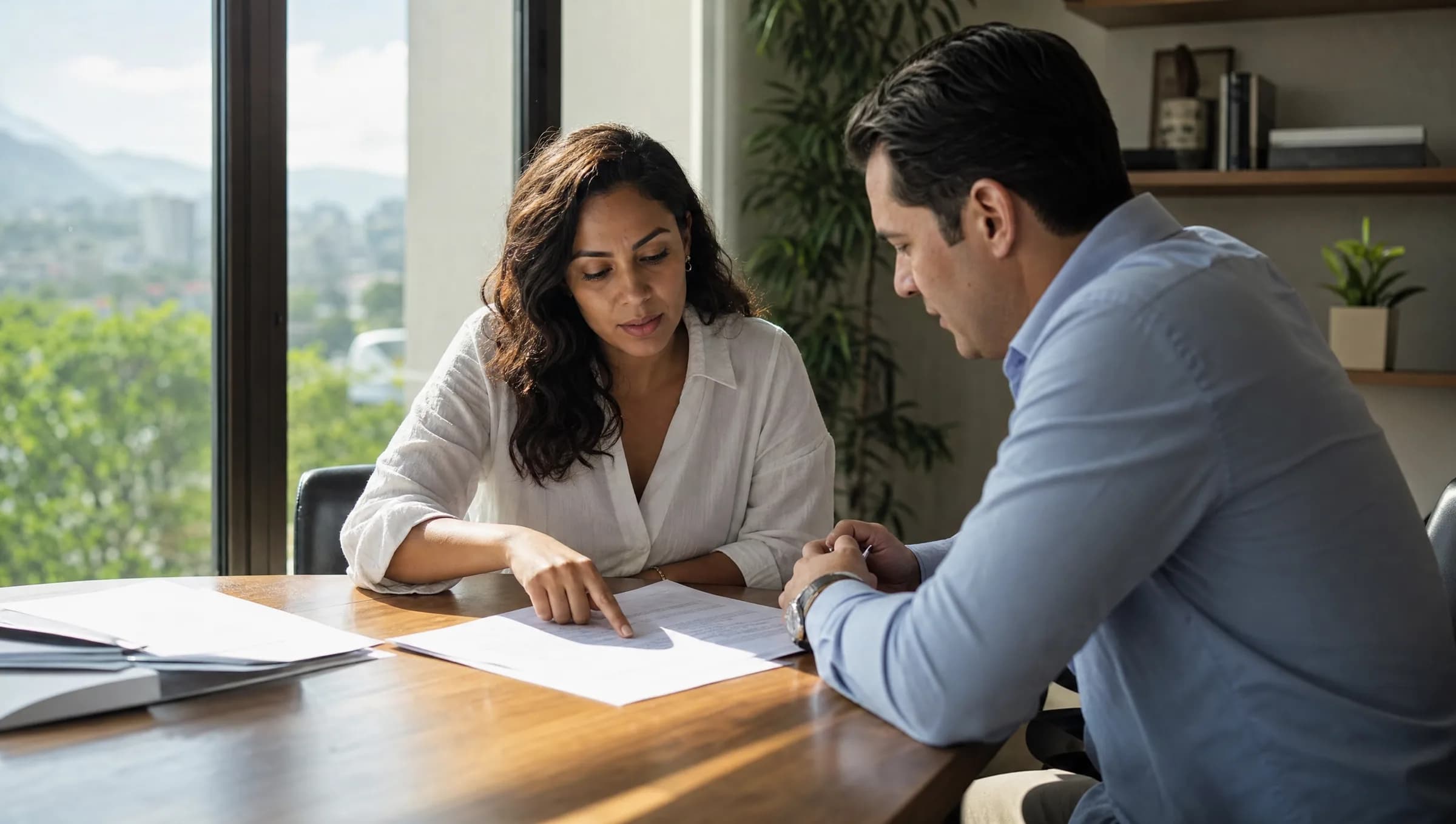 Mujer dominicana revisando documentos de poder especial con agente inmobiliario en oficina de Santiago, ambos concentrados en los términos del contrato