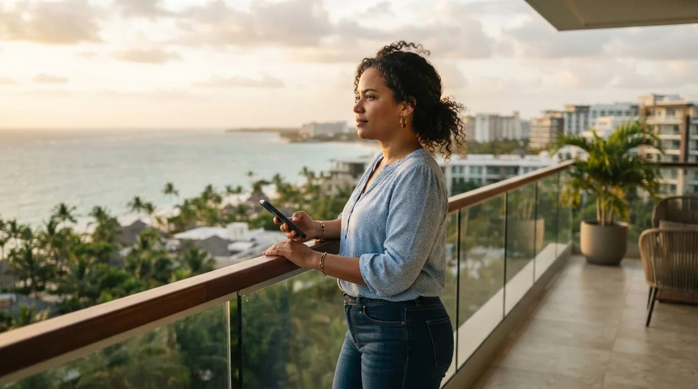 Compradora primeriza contemplando el horizonte desde una terraza en Punta Cana mientras sostiene su teléfono, evaluando su decisión de compra