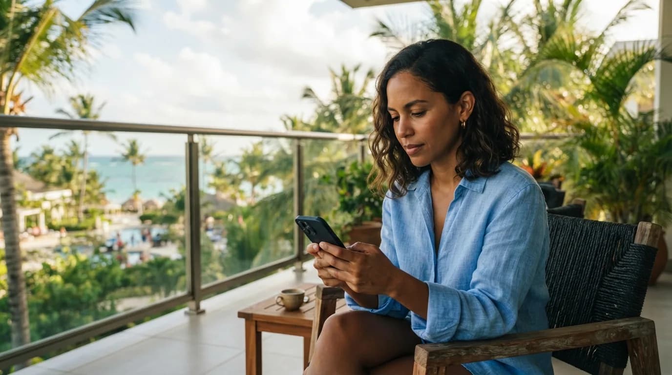 Mujer dominicana revisando información de propiedades en su teléfono desde la terraza de un apartamento en Punta Cana con vista al mar