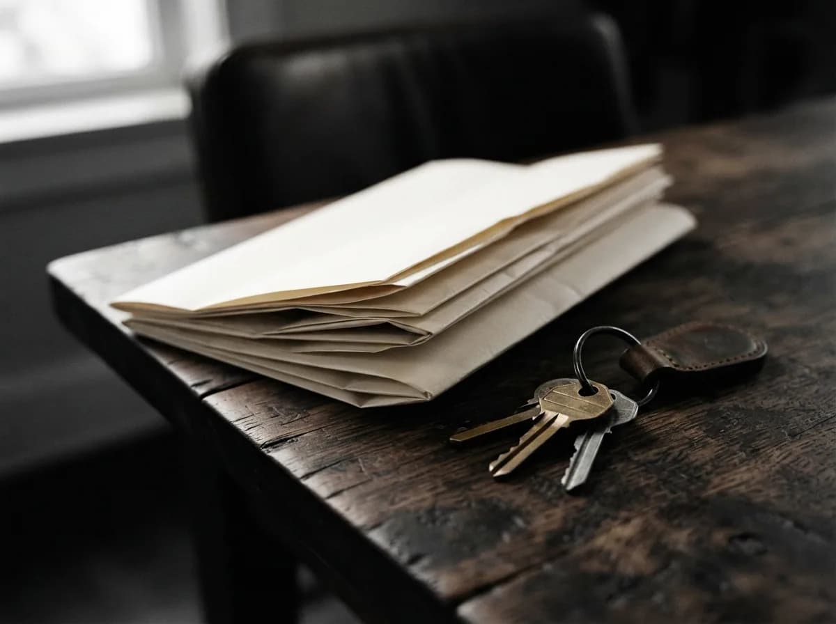 Apartment keys and property documents folded on a wooden desk during the reservation process