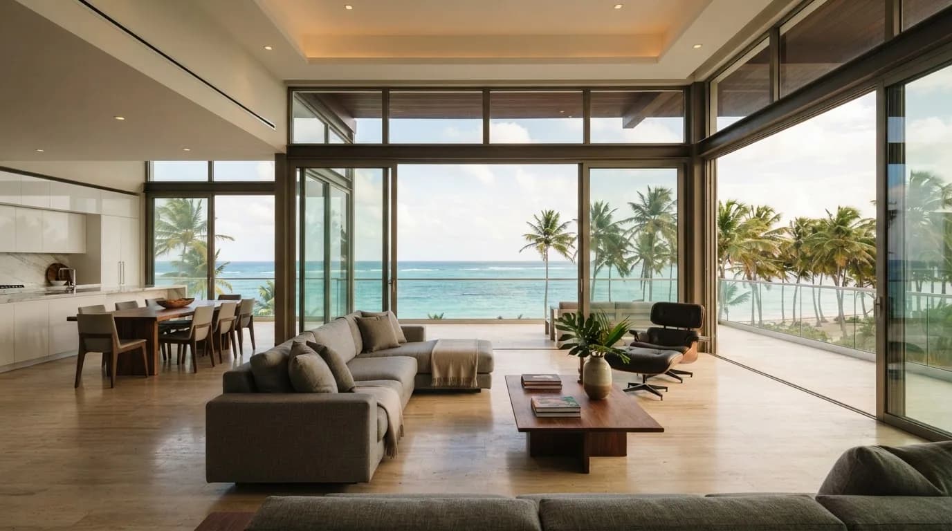 Interior moderno de apartamento frente al mar en Punta Cana con vista panorámica al Caribe a través de ventanales