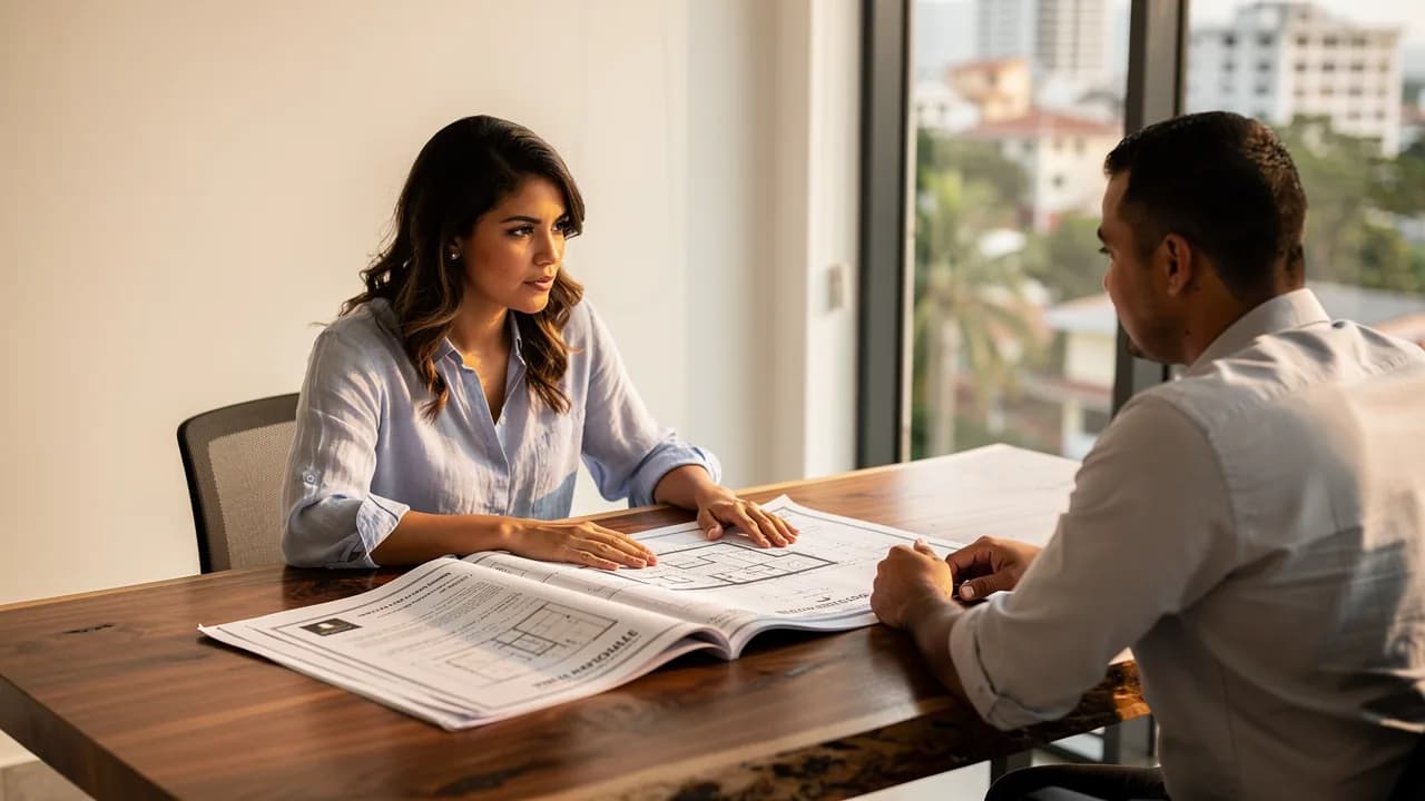 Mujer dominicana examinando certificado de título y planos arquitectónicos con agente inmobiliario en oficina de Santiago