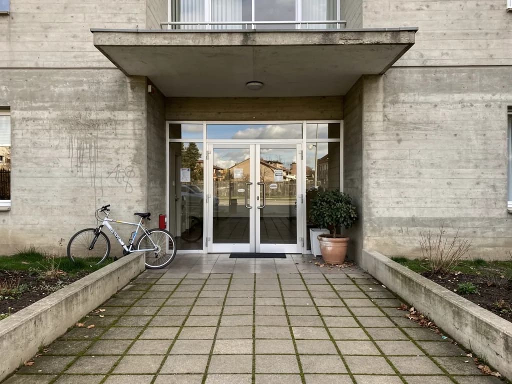 Entrance to mid-class residential building in Los Jardines, Santiago, showing paved access and modern facade