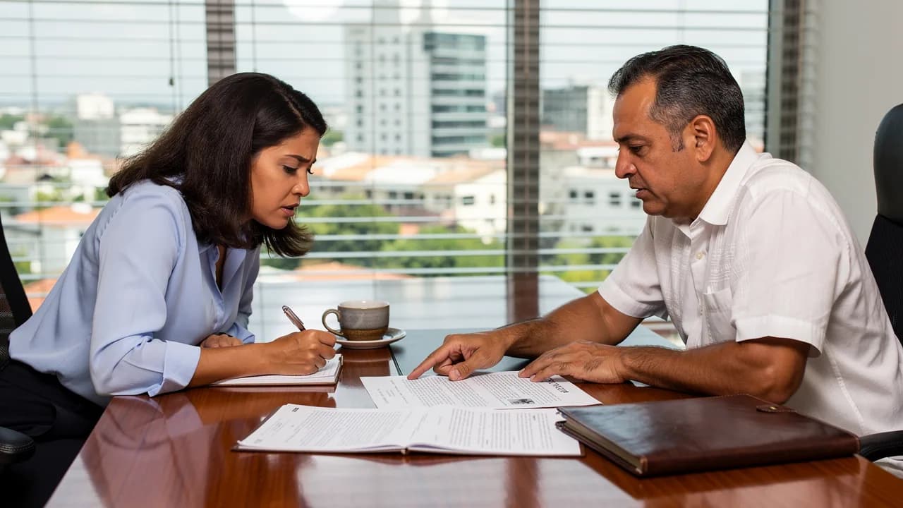 Una mujer dominicana revisa documentos legales con su abogado inmobiliario en una oficina en Santo Domingo, mostrando la importancia de hacer las preguntas correctas antes de comprar una propiedad