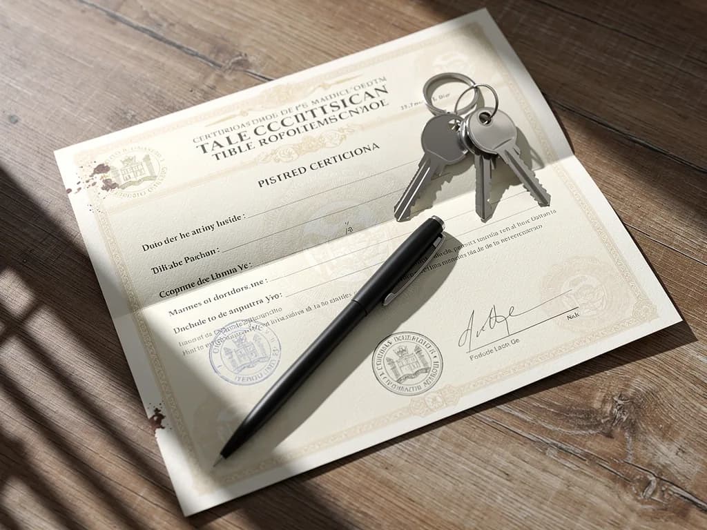 Documentos legales de propiedad, llaves y pluma sobre un escritorio, representando los elementos clave que debe revisar un abogado inmobiliario durante el proceso de compra