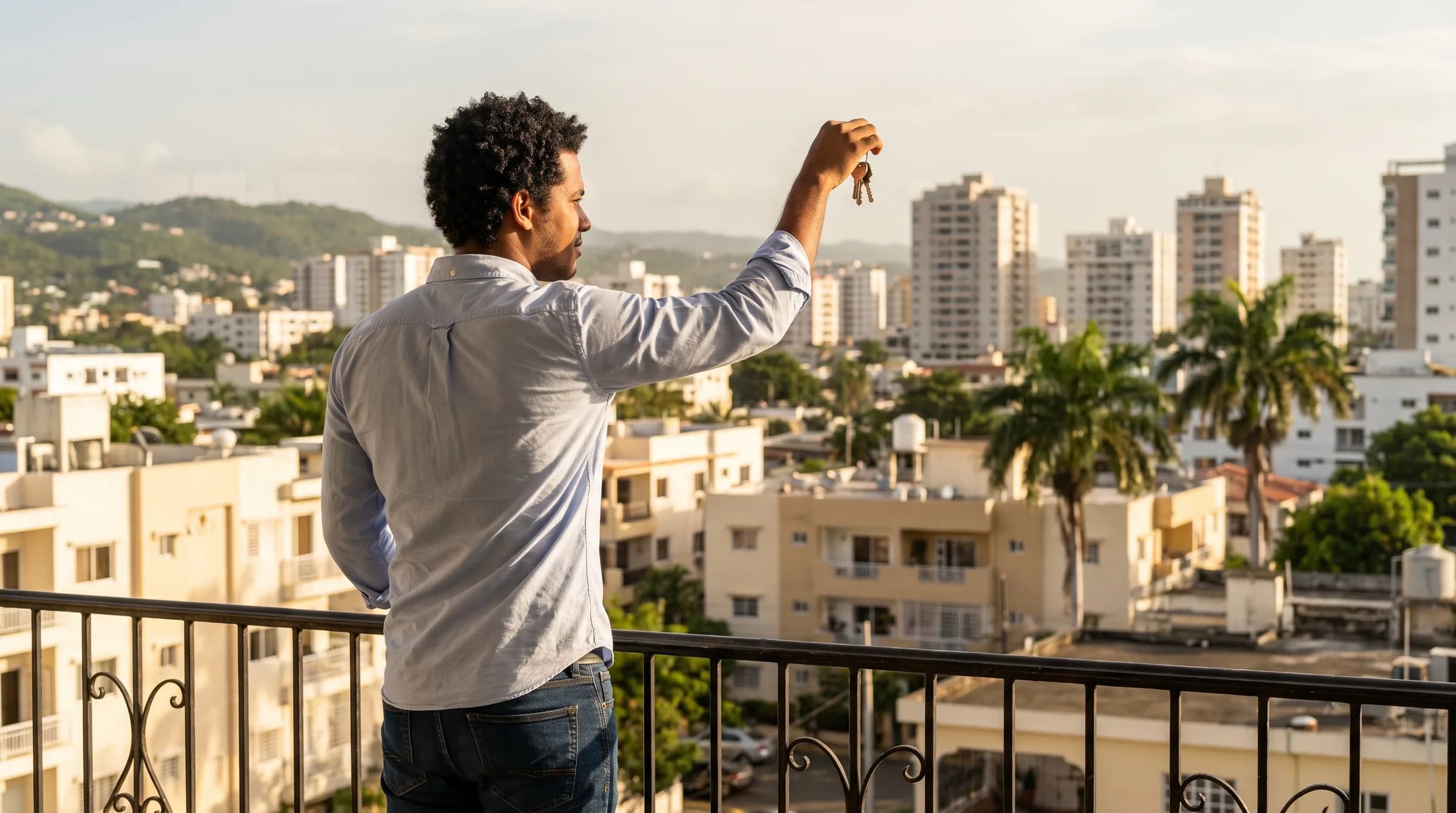 Hombre dominicano sosteniendo llaves de apartamento en balcón con vista a Santiago, simbolizando el momento de adquirir su primera vivienda