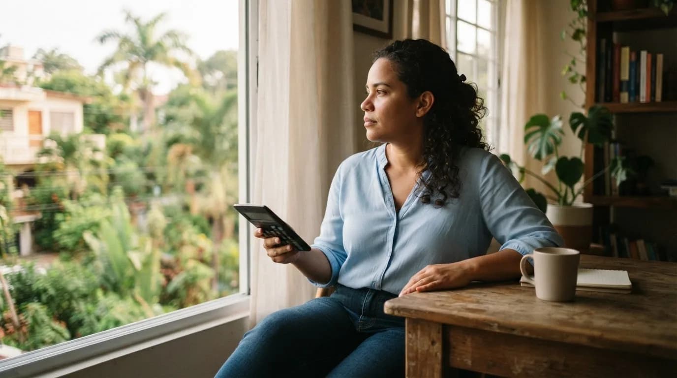 Mujer dominicana reflexionando sobre costos de impuestos inmobiliarios mientras sostiene una calculadora en un apartamento en Bella Vista