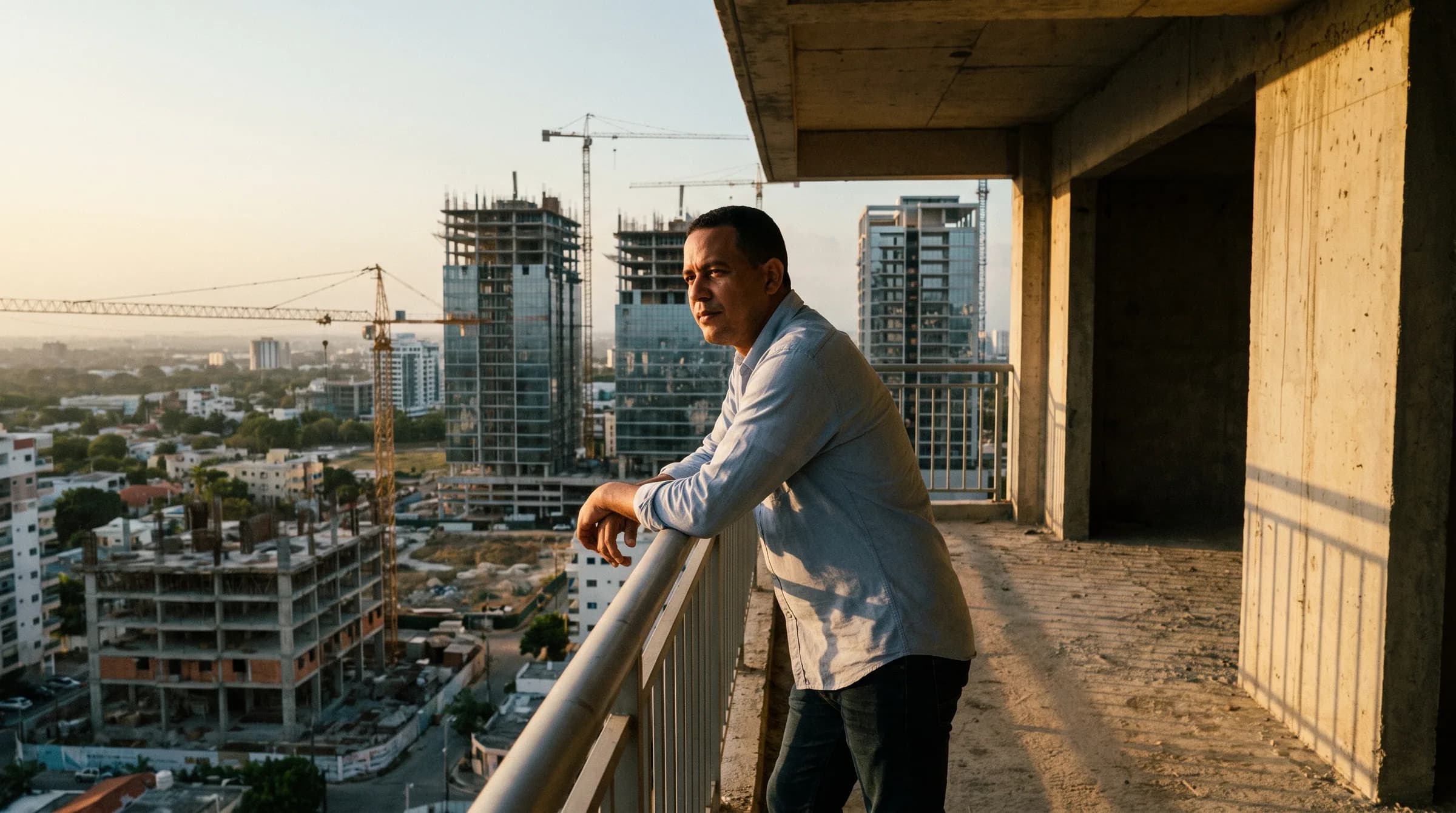 Hombre dominicano contemplando el horizonte desde el balcón de un edificio en construcción en Santo Domingo, simbolizando la expectativa y incertidumbre de la compra en preventa inmobiliaria