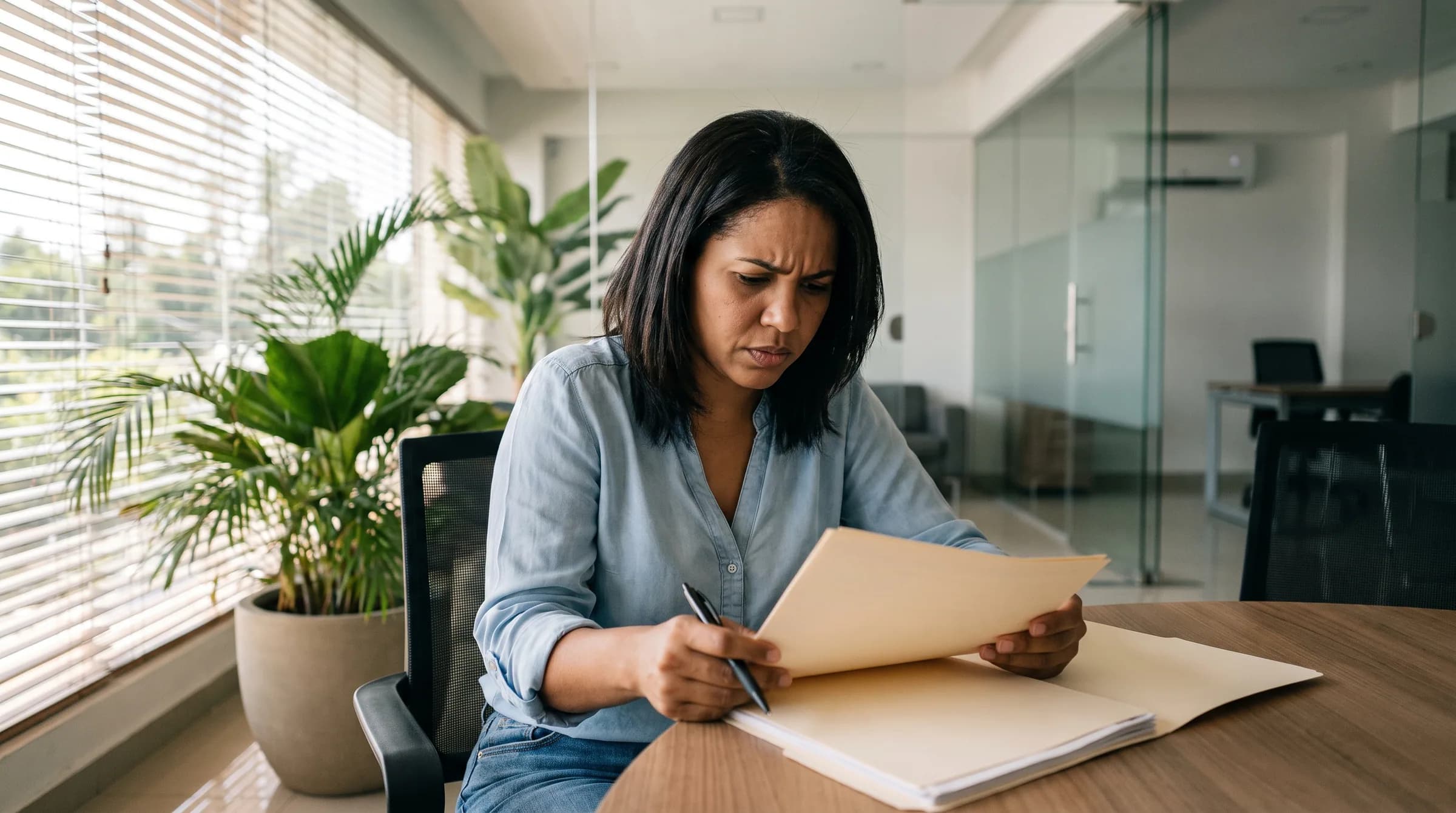 Una mujer dominicana revisa preocupada documentos de preventa inmobiliaria en una oficina moderna, sosteniendo un bolígrafo mientras analiza el contrato