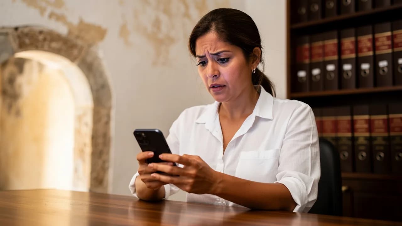 Mujer dominicana revisando con preocupación una foto de título de propiedad en su teléfono móvil en una oficina legal de Santo Domingo