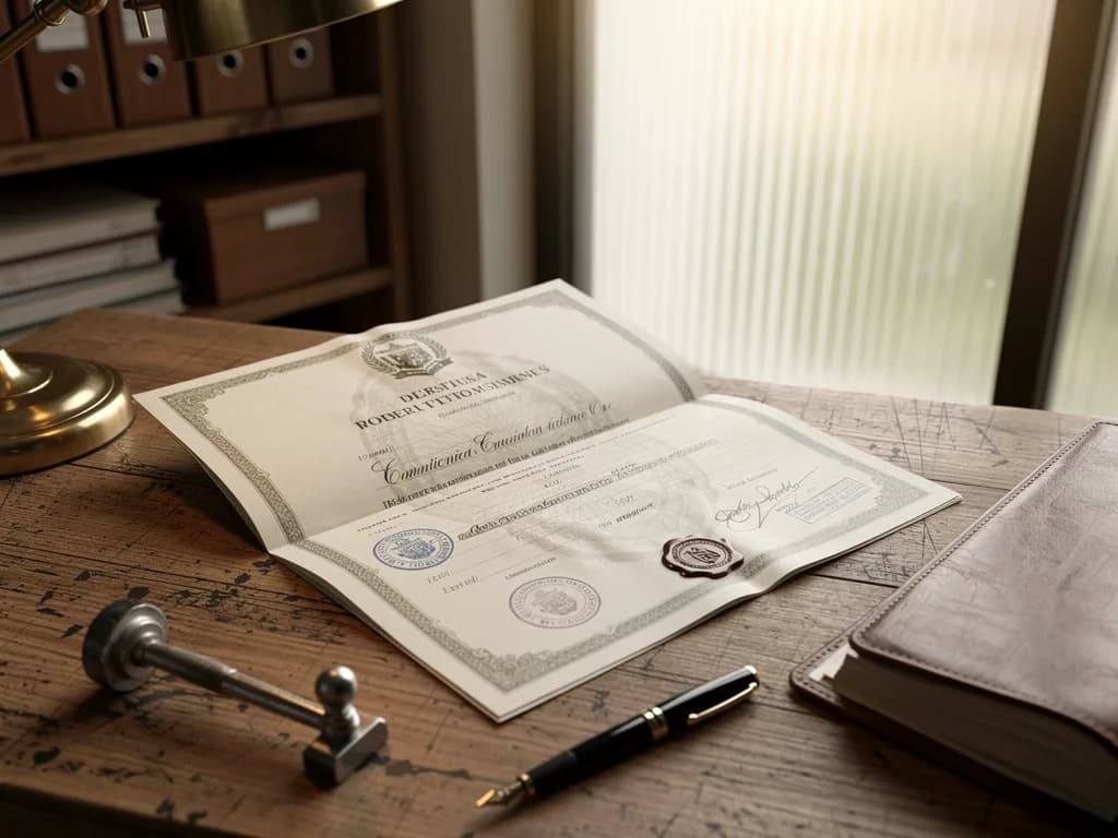 Primer plano de un Certificado de Título dominicano con sellos oficiales y anotaciones legales sobre un escritorio de abogado