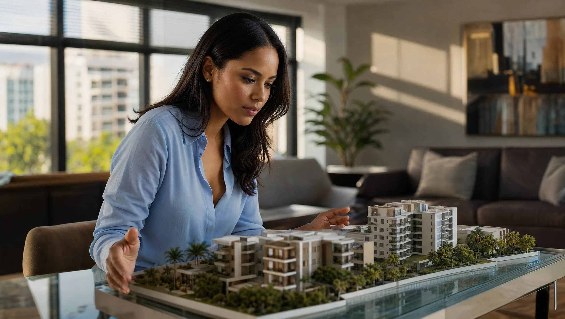 Mujer dominicana examinando con atención una maqueta arquitectónica de desarrollo residencial en oficina moderna de bienes raíces