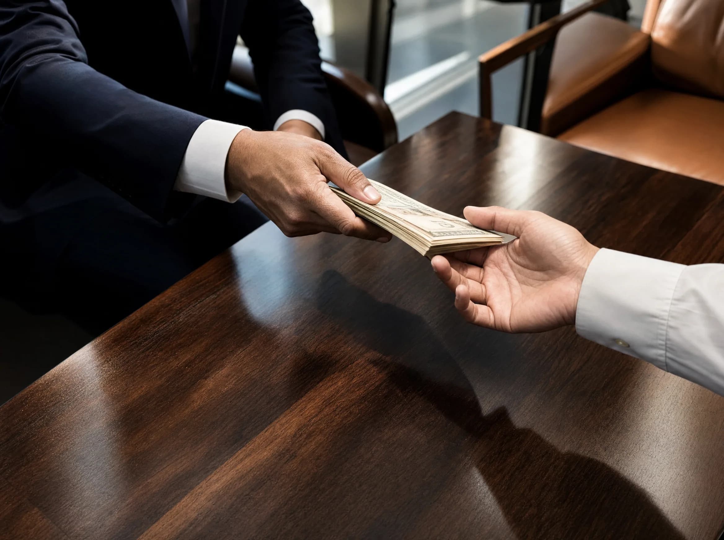 Exchange of cash between two people in professional context of an elegant real estate office