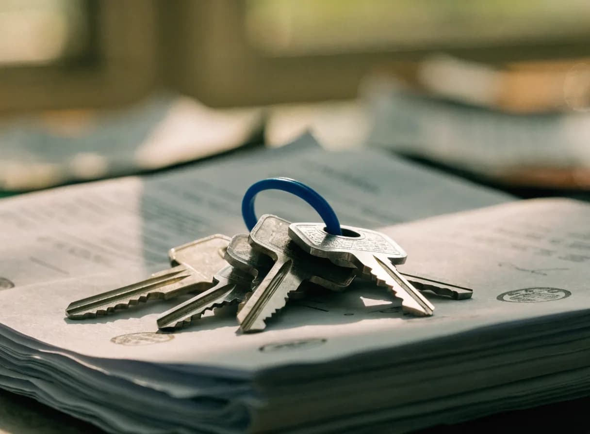 Llaves de apartamento sobre contrato inmobiliario doblado con sellos oficiales visibles en primer plano