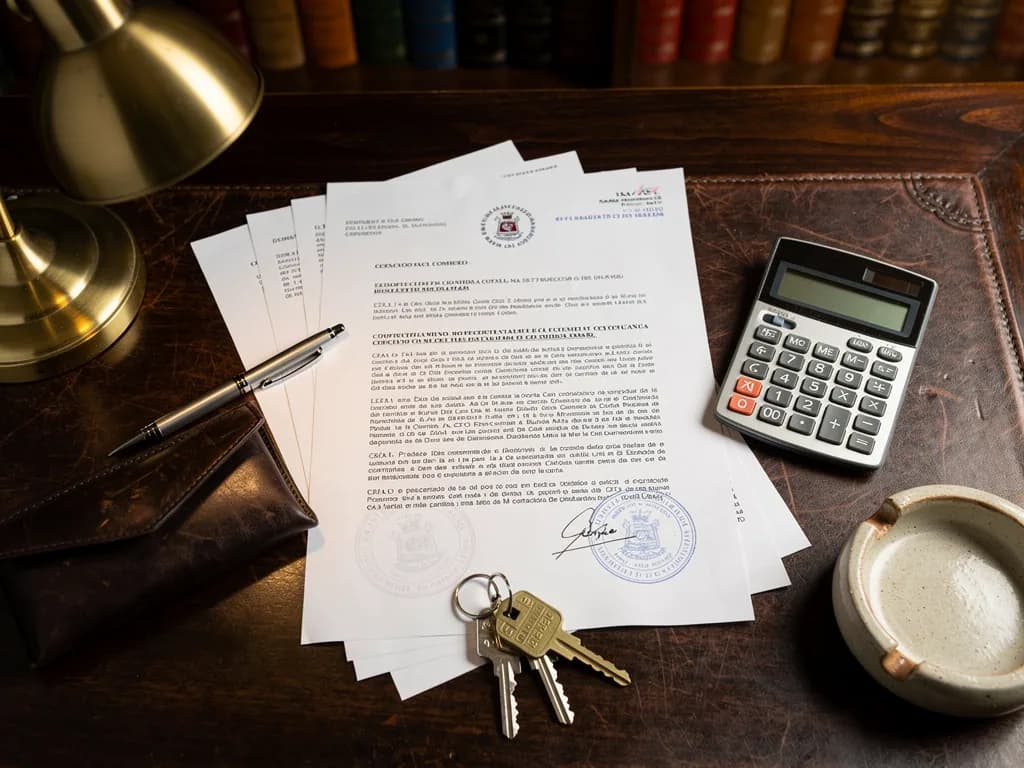 Legal property documents on a table with a calculator and house keys, representing actual costs and procedures when reserving an apartment