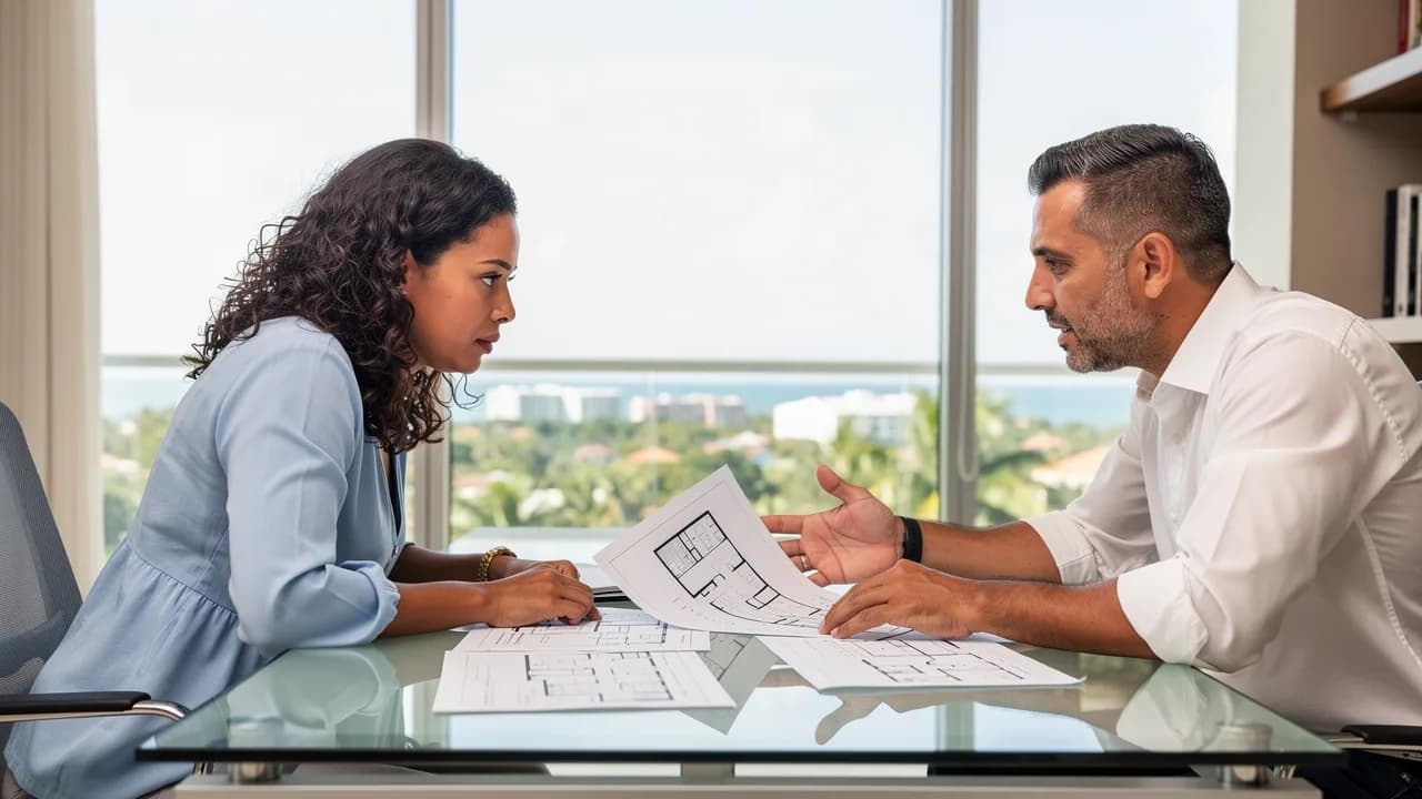 Mujer dominicana revisando documentos inmobiliarios con agente en oficina moderna de Bella Vista