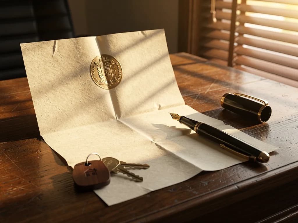 Título de propiedad dominicano con llaves y pluma sobre escritorio de notaría