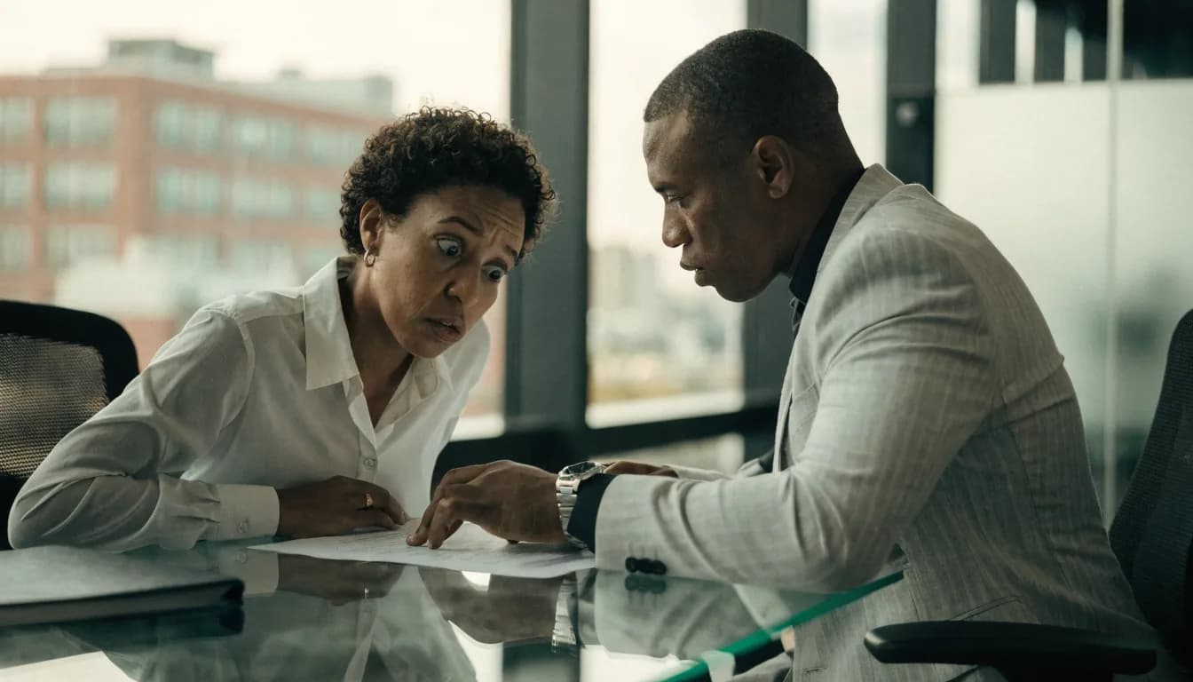 Mujer dominicana joven reuniéndose con agente inmobiliario en oficina moderna, revisando documentos con expresión de concentración