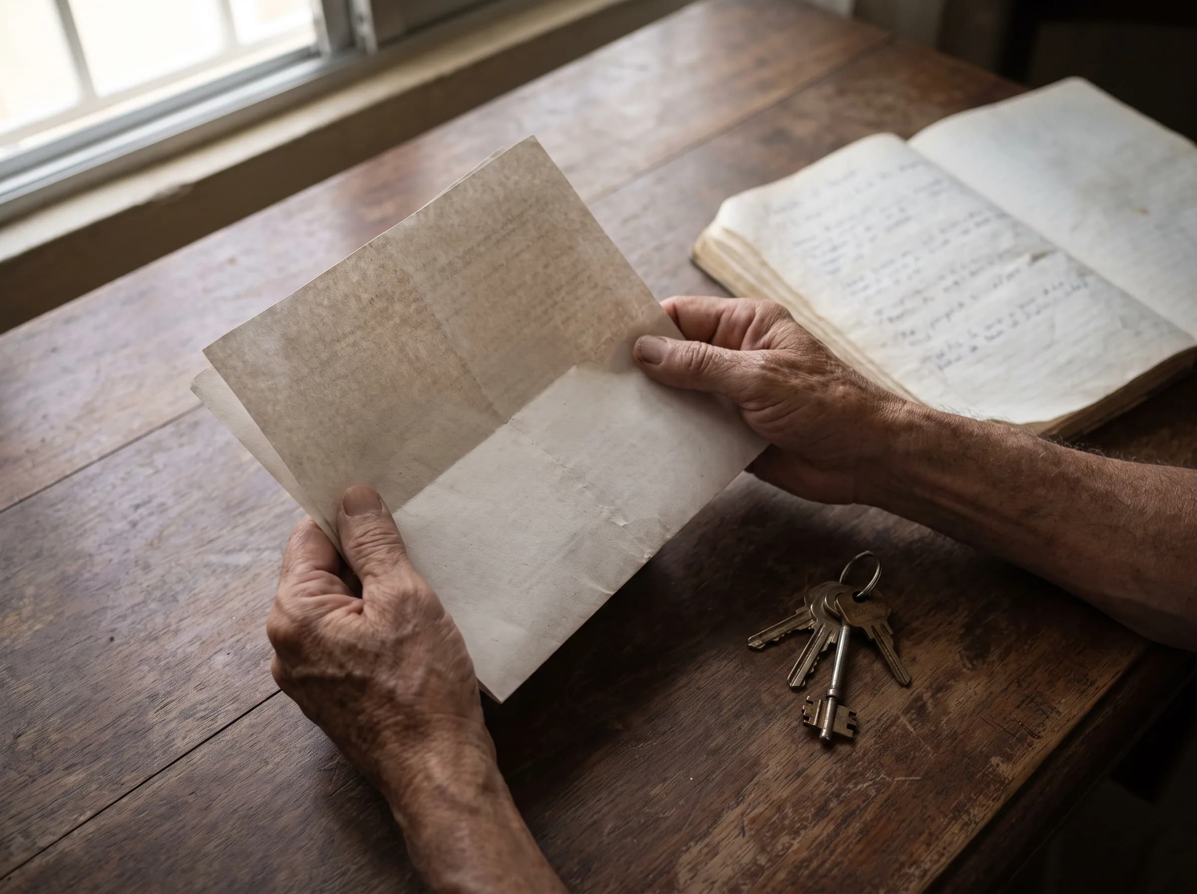 Hands holding a folded rental contract next to apartment keys and a notebook with notes on a wooden table