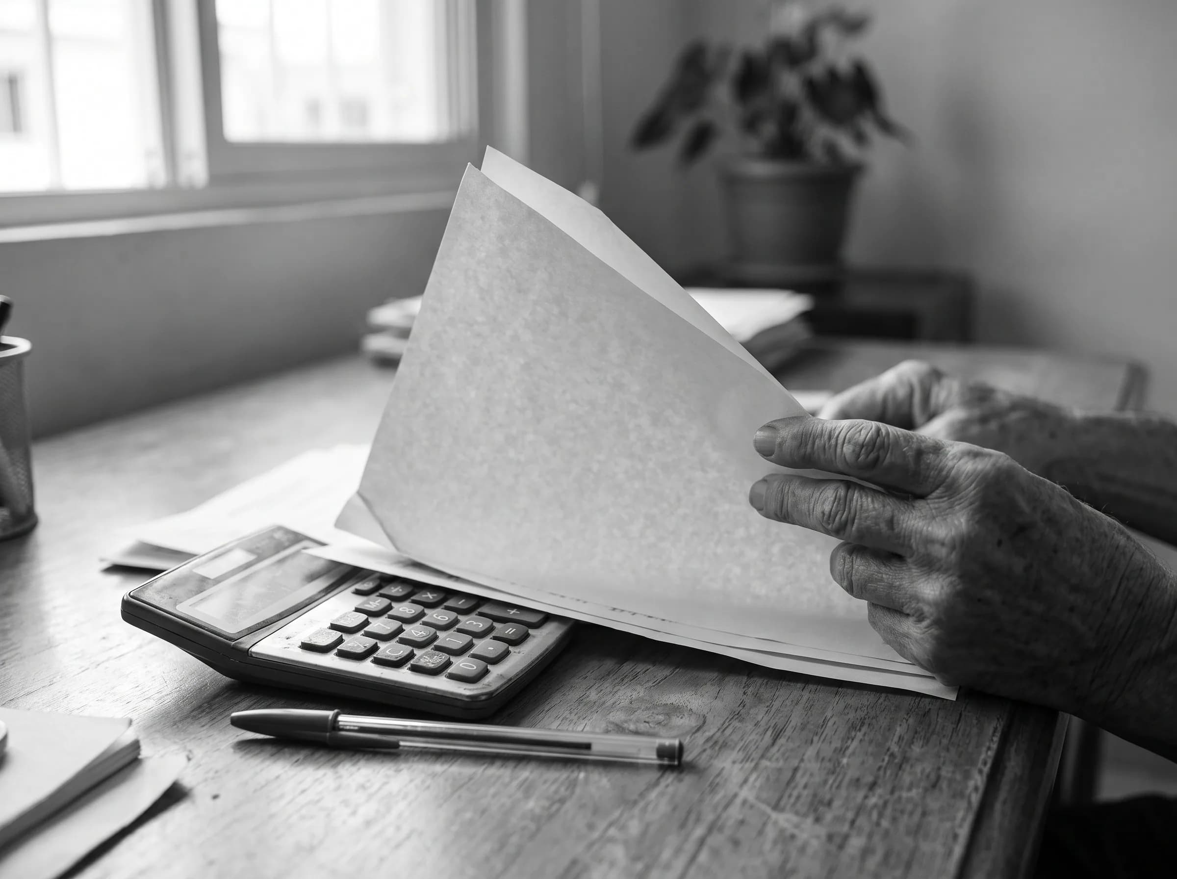 Manos sosteniendo documentos de contrato inmobiliario doblados junto a una calculadora sobre un escritorio, representando los cálculos fiscales necesarios antes de comprar una propiedad