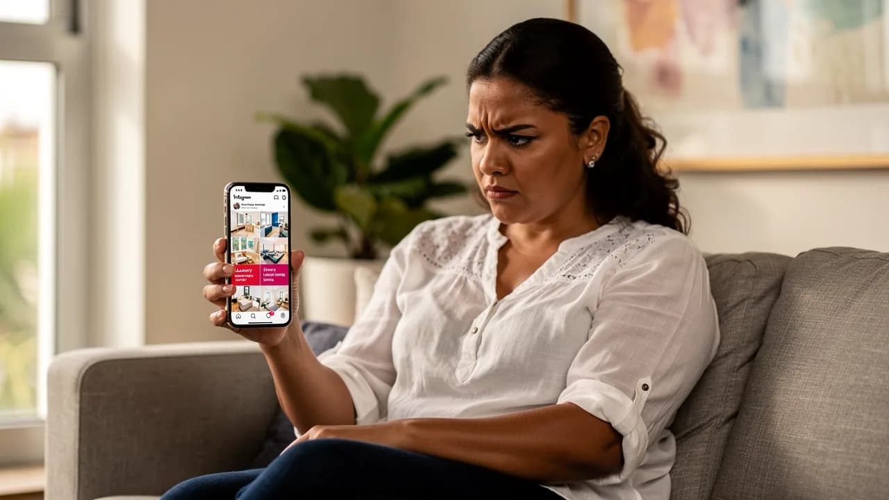 Mujer dominicana de 30 años revisando ofertas inmobiliarias en Instagram con expresión de desconfianza y análisis desde su apartamento en Piantini