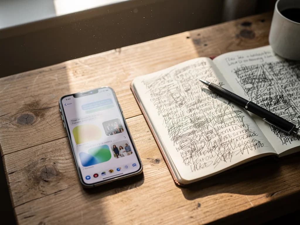 Close-up of a mobile phone showing WhatsApp conversations about real estate offers, accompanied by handwritten notes on a wooden table