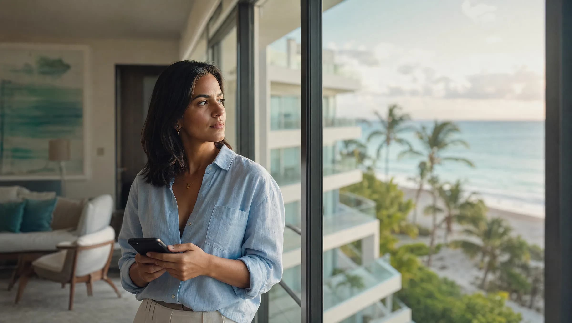 Mujer dominicana contemplando la vista al mar desde su apartamento en Punta Cana mientras revisa su teléfono móvil, reflexionando sobre la gestión de su propiedad de alquiler vacacional