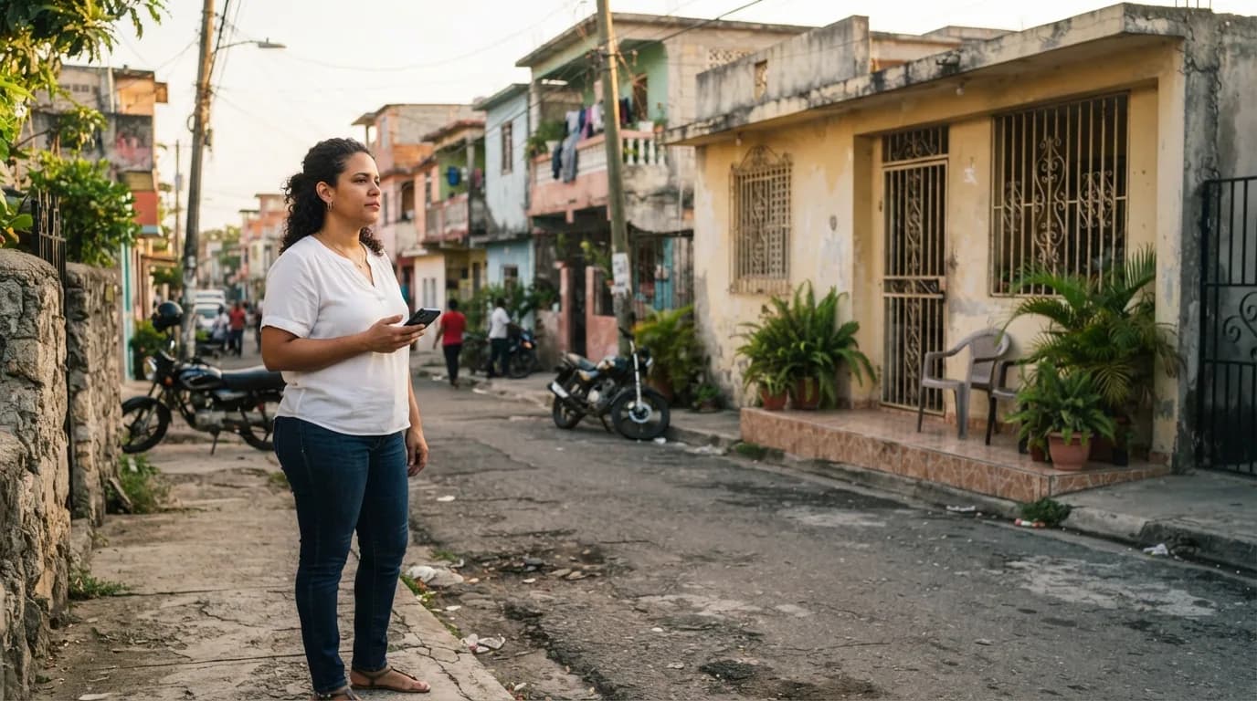 Mujer dominicana contemplando una casa residencial en Los Alcarrizos mientras sostiene su teléfono, representando la búsqueda de vivienda en República Dominicana