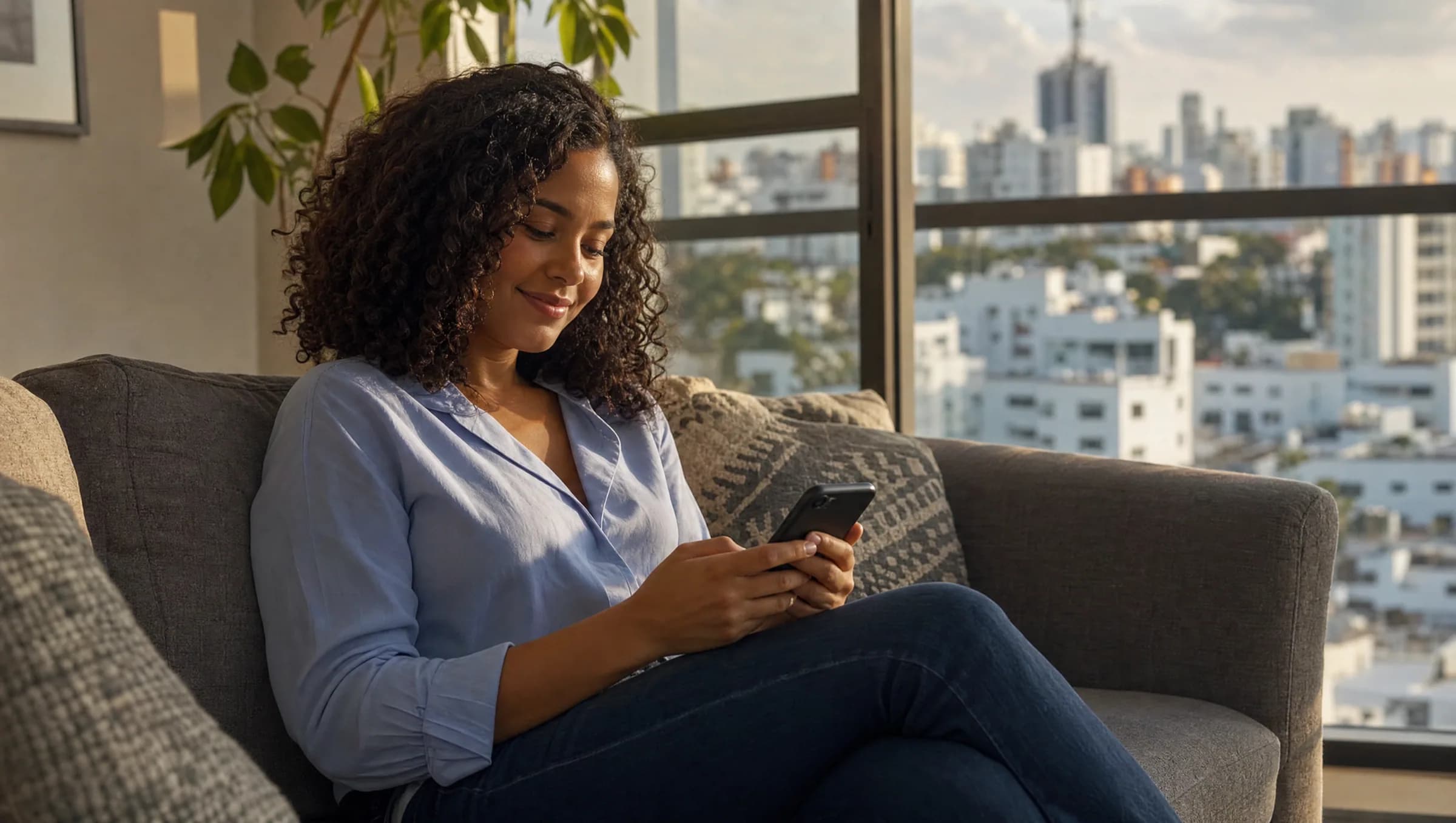 Mujer joven dominicana sonriendo mientras revisa información en su teléfono en un apartamento moderno en Santo Domingo