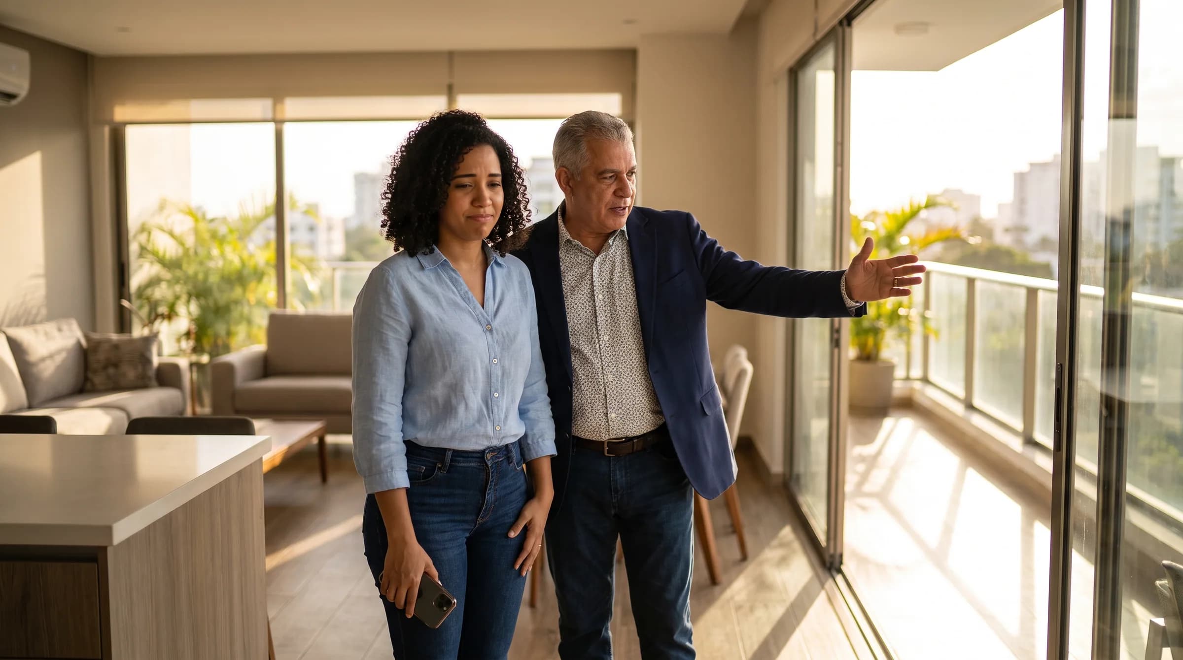 Una mujer dominicana observa un apartamento con expresión de incertidumbre mientras un agente inmobiliario le señala detalles de la propiedad en Piantini