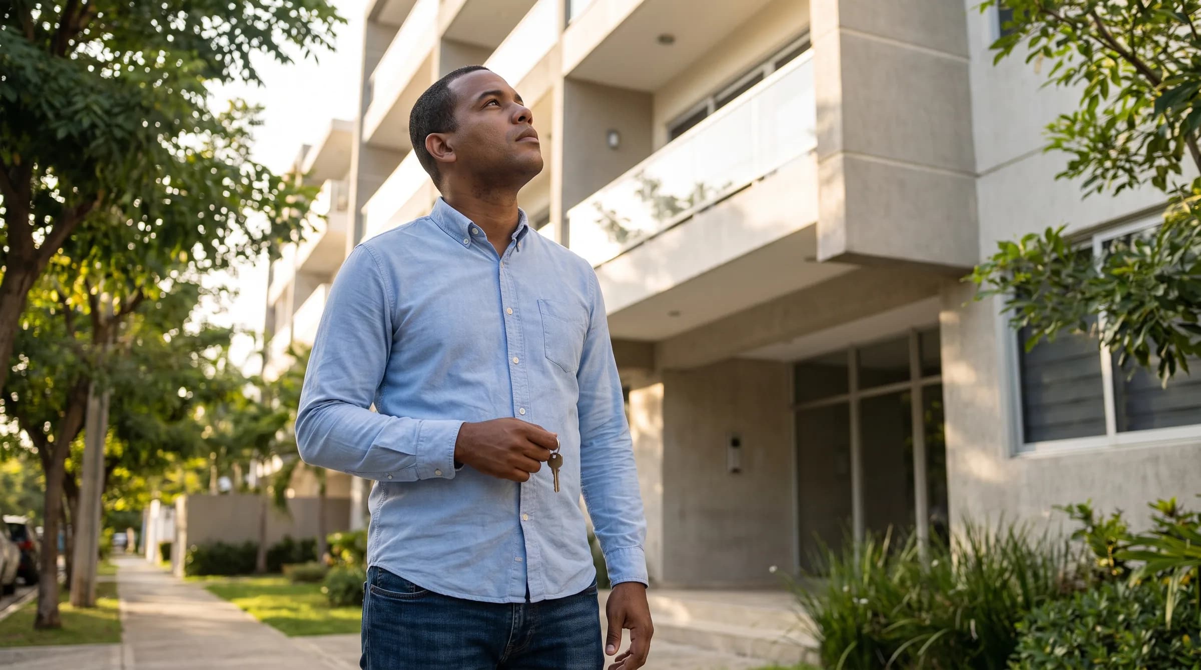 Hombre dominicano contemplando un edificio residencial en Santo Domingo mientras sostiene una llave, representando la decisión entre alquilar o comprar una propiedad
