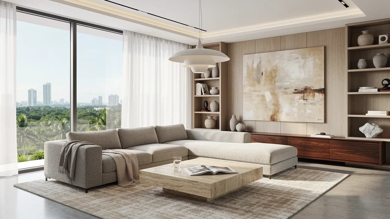 Interior de apartamento amueblado moderno en Piantini, Santo Domingo, mostrando sala de estar completamente equipada con muebles contemporáneos y electrodomésticos de alta gama