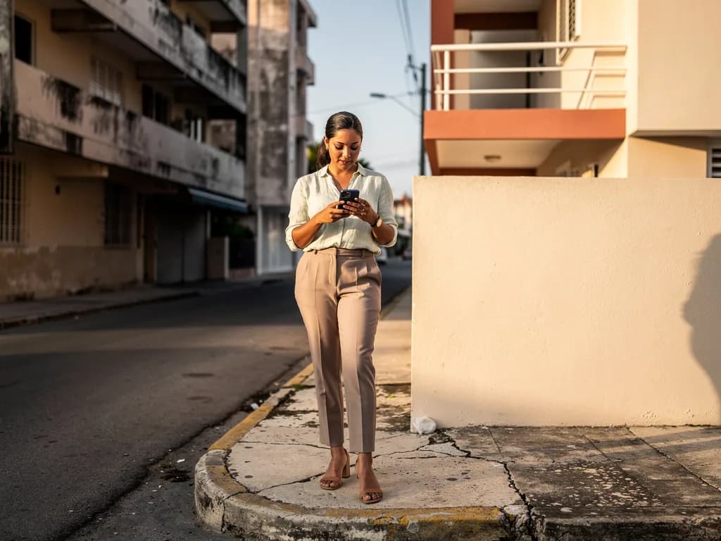 Young Dominican woman comparing apartment options on a residential street in Arroyo Hondo, Santo Domingo, representing the decision-making process between furnished and unfurnished properties
