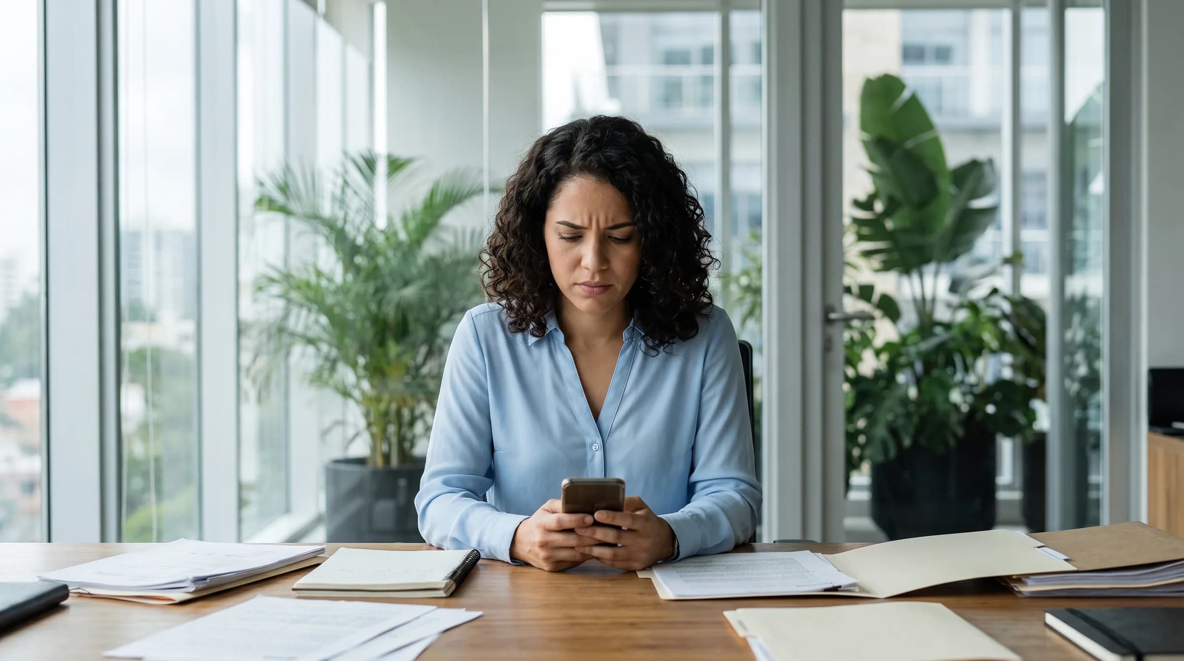Mujer dominicana preocupada revisando su teléfono en oficina con documentos dispersos sobre el escritorio