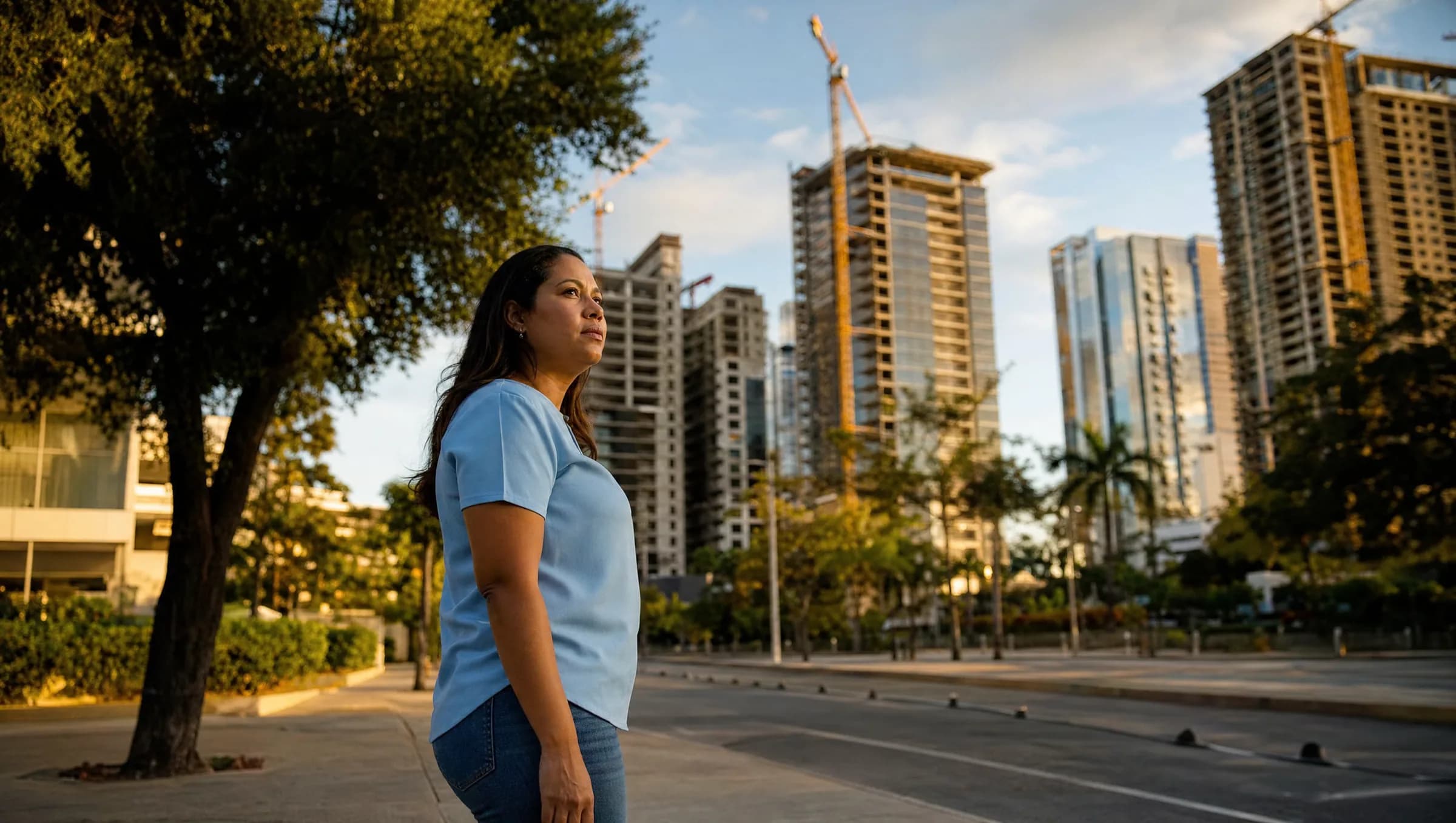 Mujer dominicana observando pensativa el desarrollo urbano y las grúas de construcción en una esquina de Piantini, Santo Domingo, durante la tarde