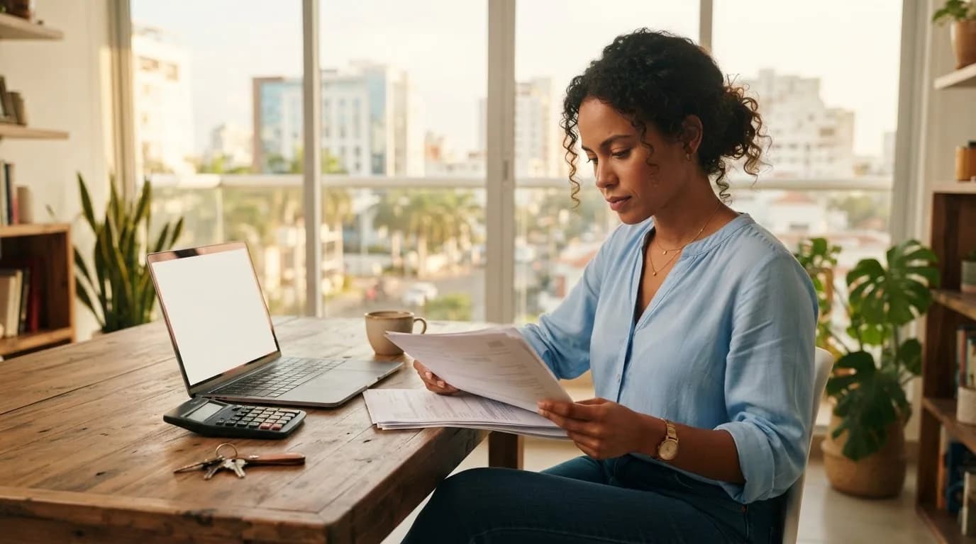 Mujer dominicana calculando impuestos inmobiliarios en su apartamento con vista a Santo Domingo