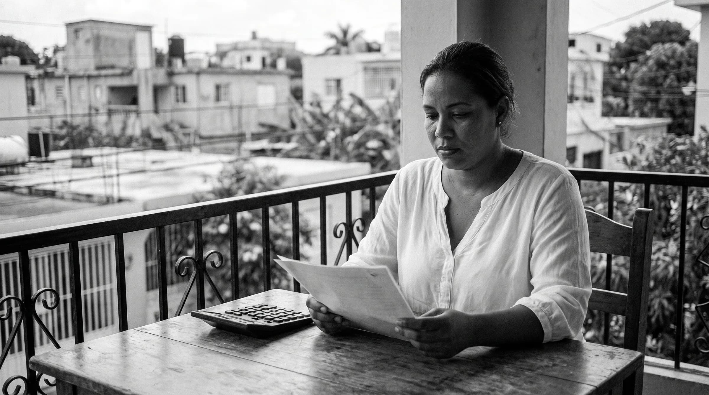 Mujer dominicana revisando documentos financieros con calculadora en balcón residencial de Santiago