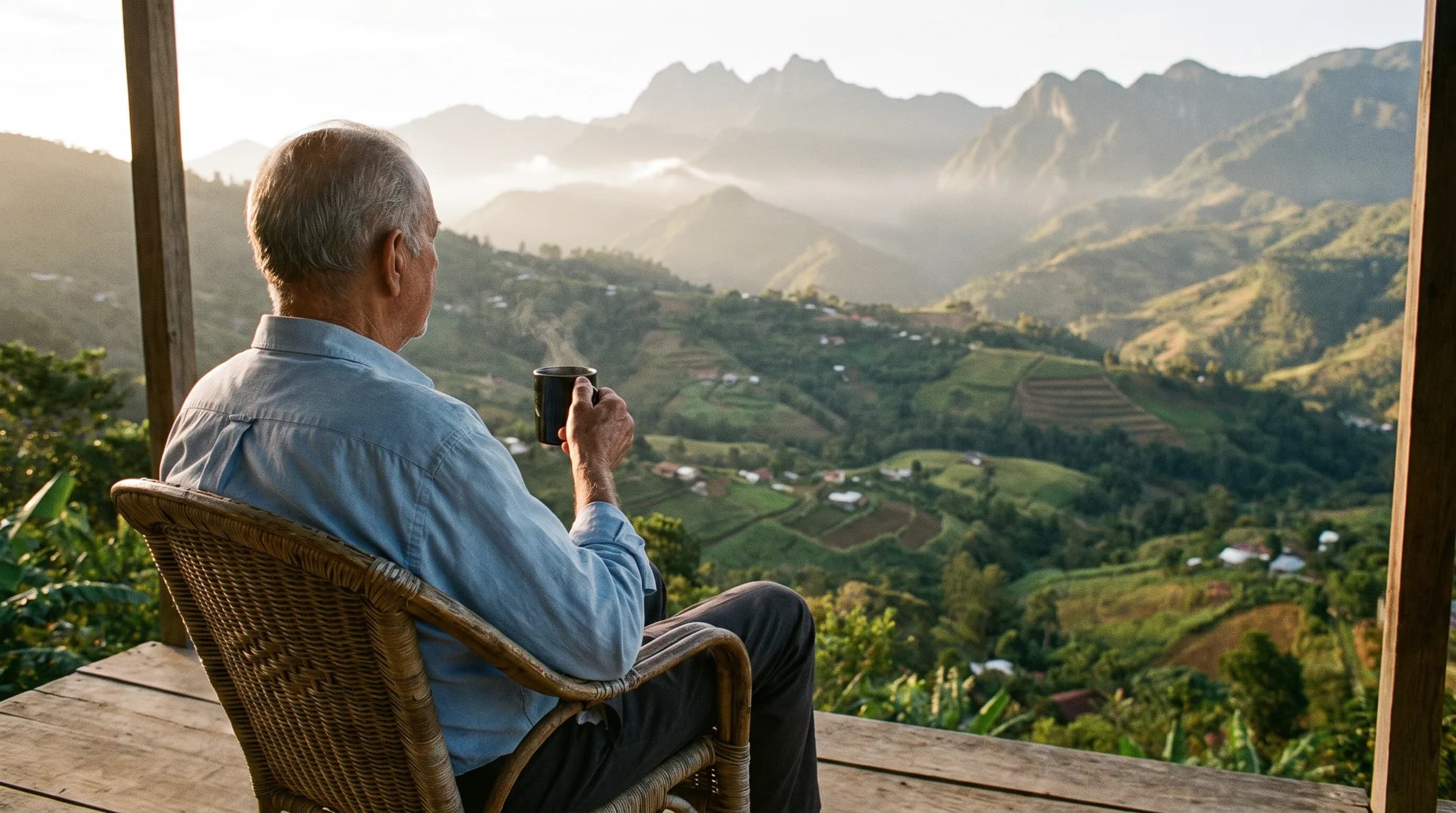 Jubilado disfrutando de una mañana fresca en una terraza con vista a las montañas de Jarabacoa, sosteniendo una taza de café humeante