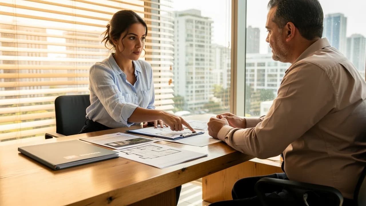 Mujer dominicana de unos 30 años consultando con un agente inmobiliario en una oficina moderna de Piantini, discutiendo detalles sobre comisiones inmobiliarias durante su primera compra de vivienda