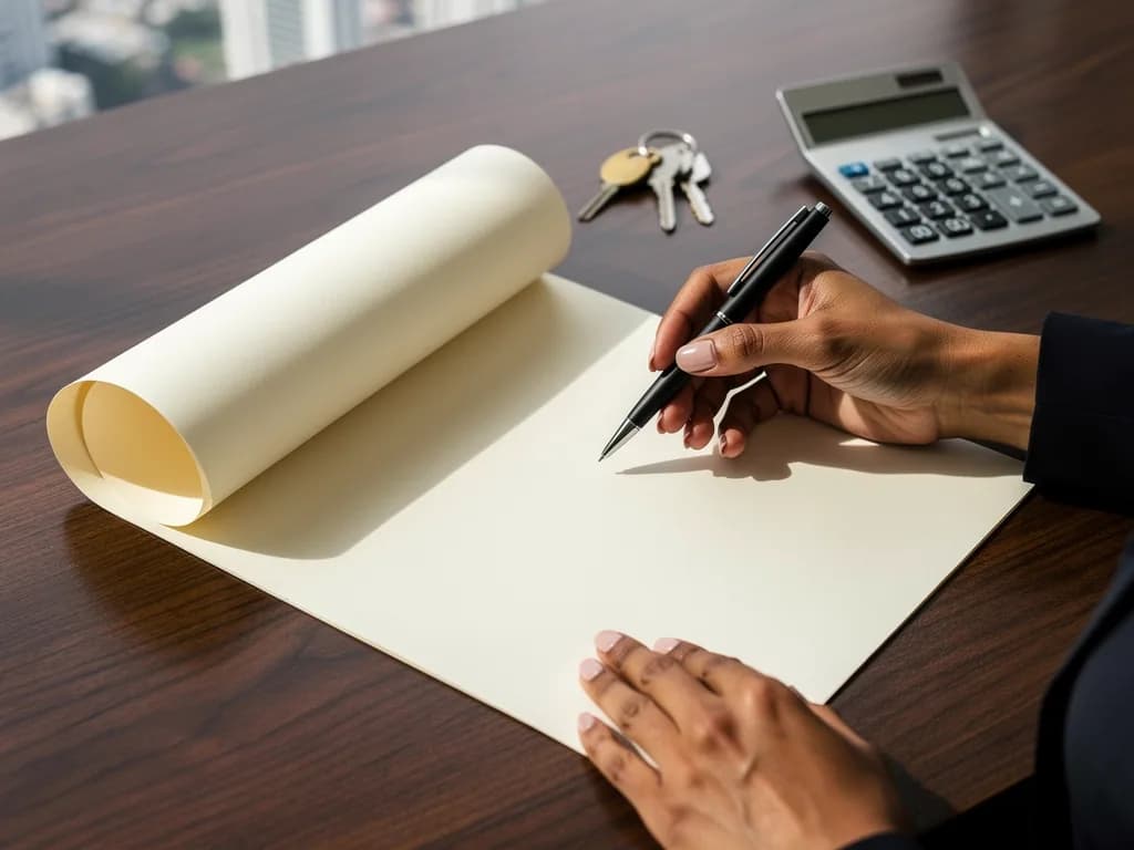 Close-up of female hands reviewing a real estate brokerage contract on a wooden desk, with a calculator and house keys in the background, symbolizing the importance of understanding commission details