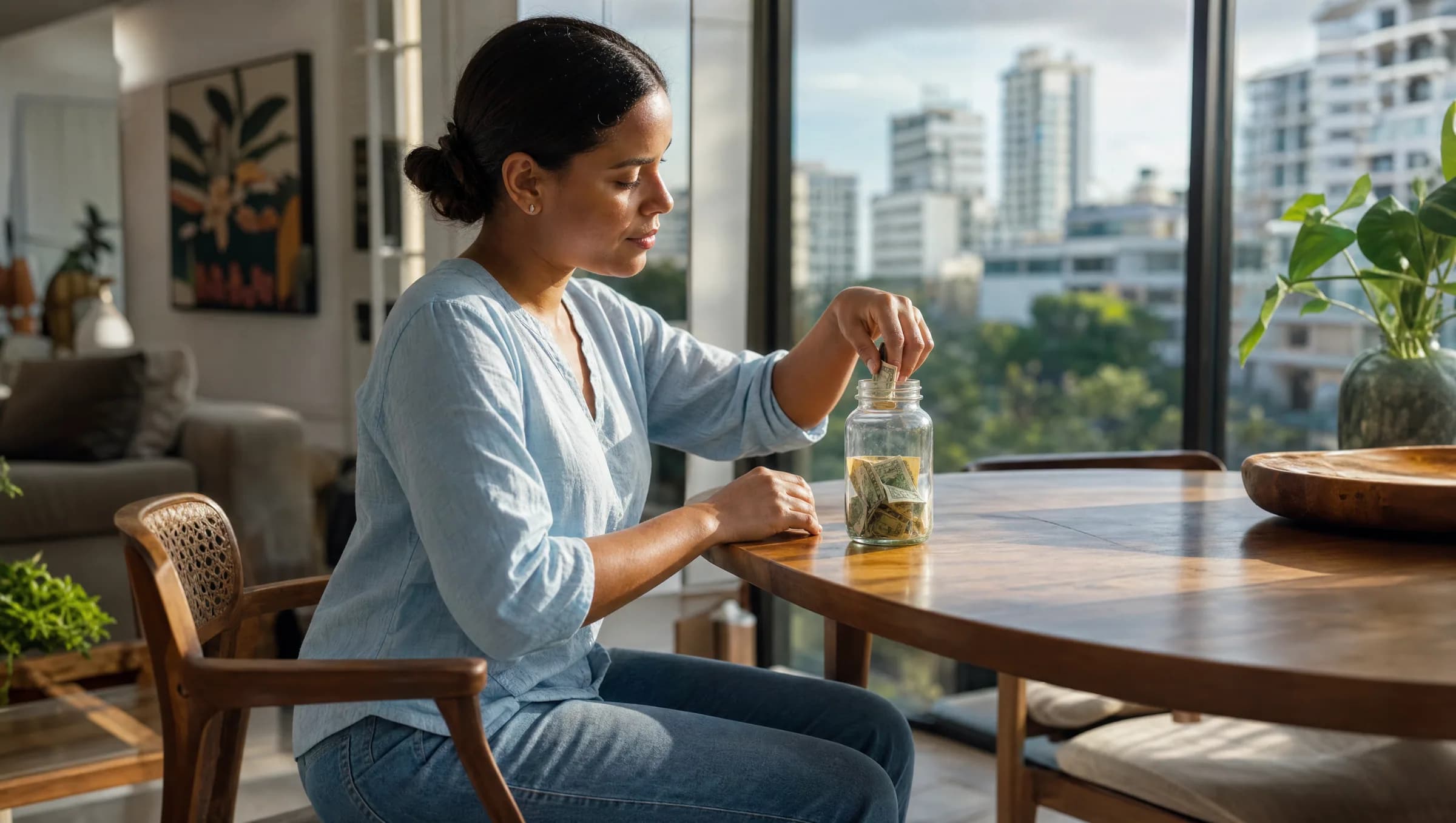 Mujer dominicana guardando dinero en una alcancía transparente sobre mesa de comedor, simbolizando el ahorro estructurado para la cuota inicial de vivienda