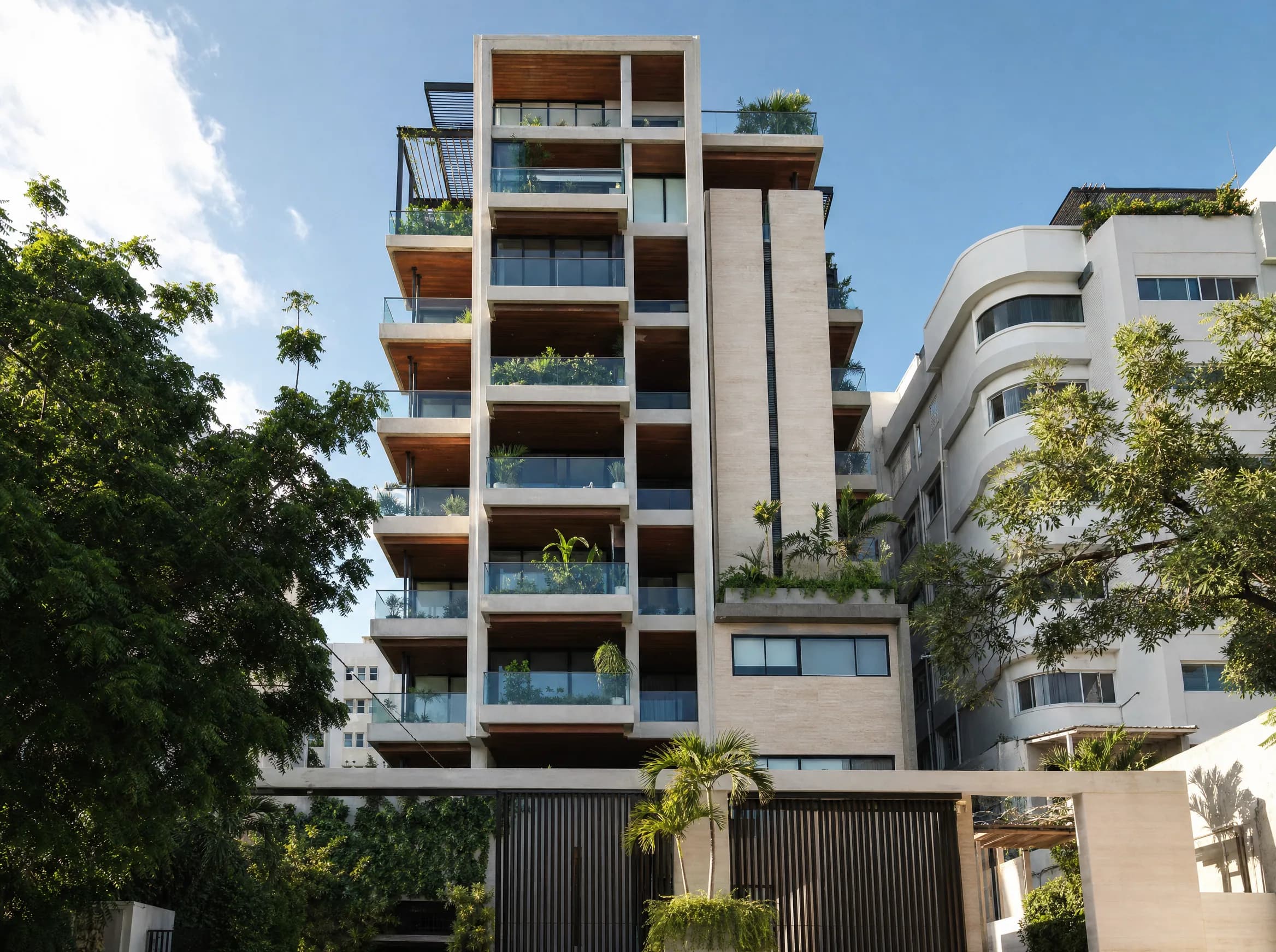 Fachada de un edificio residencial moderno en Piantini, rodeado de vegetación.