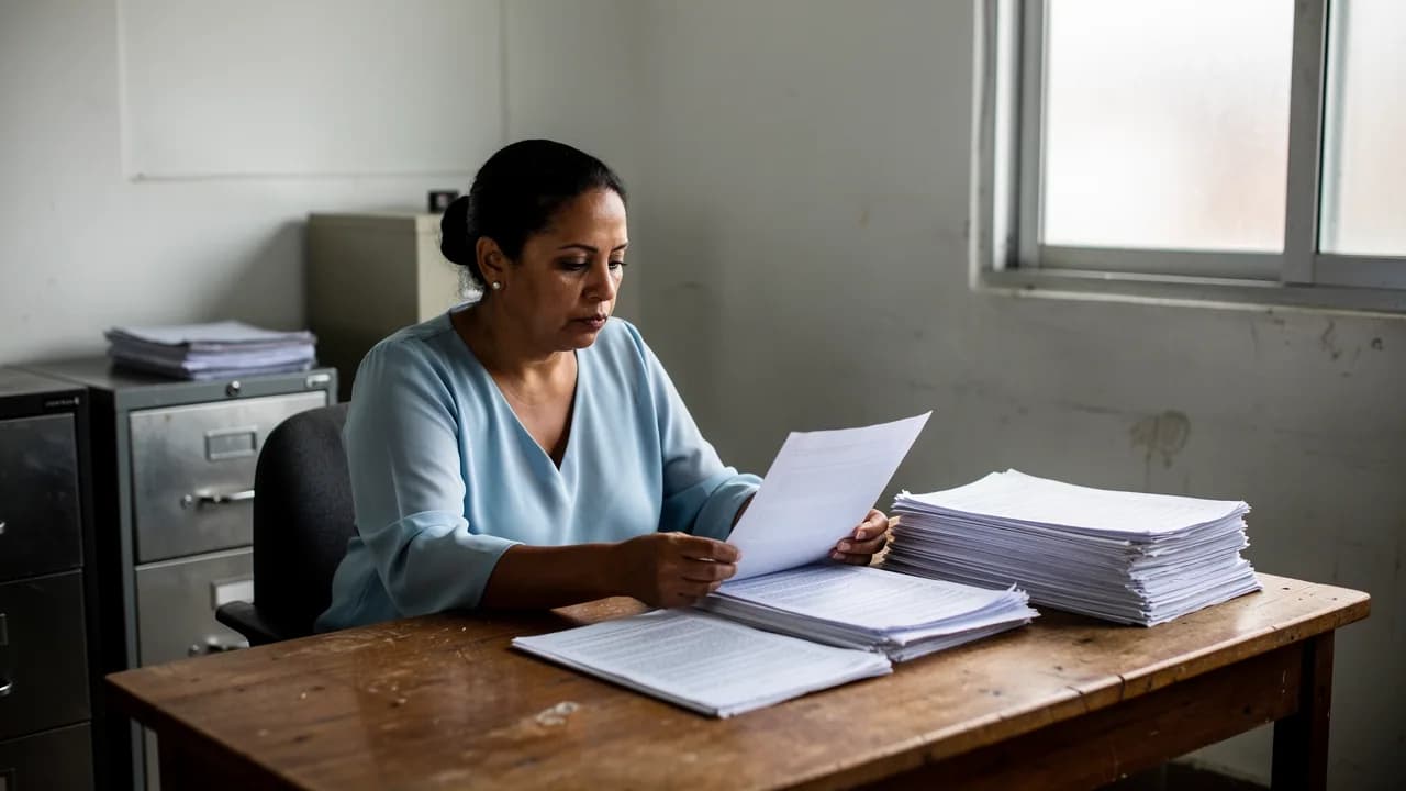 Mujer dominicana revisando documentos legales en una oficina, representando la etapa de debida diligencia en el proceso de compra inmobiliaria